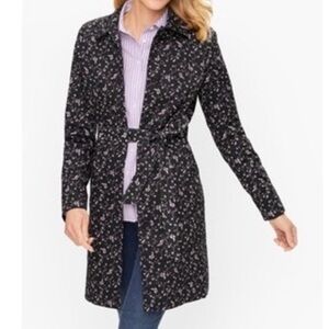 NWT! Talbots black trench coat with purple pink floral pattern with belt size M